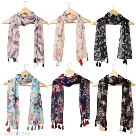 RiddleNeedle™ Women's Printed Chiffon Multicolored Scarf and Stoles with Tassels - Set of 6